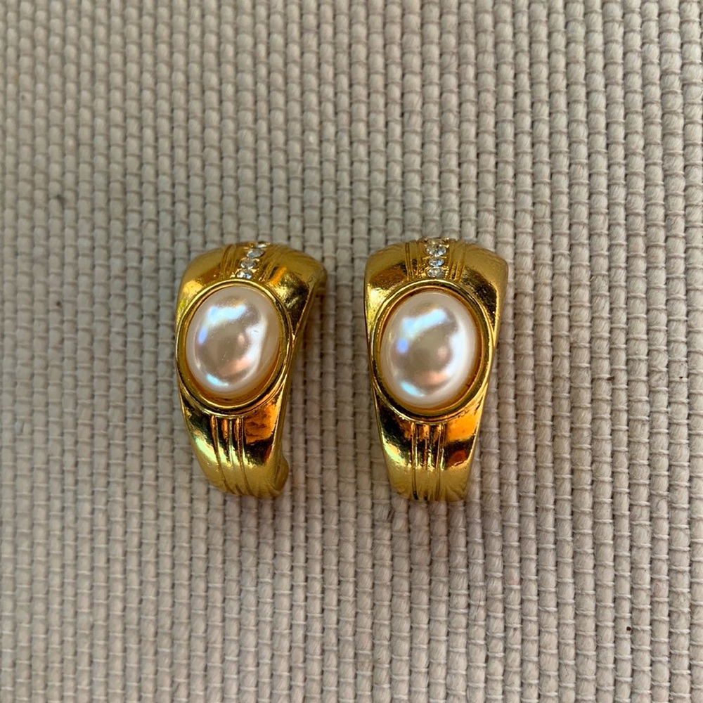 Vintage Gold Pearl Diamond Huggies Stud Earrings
